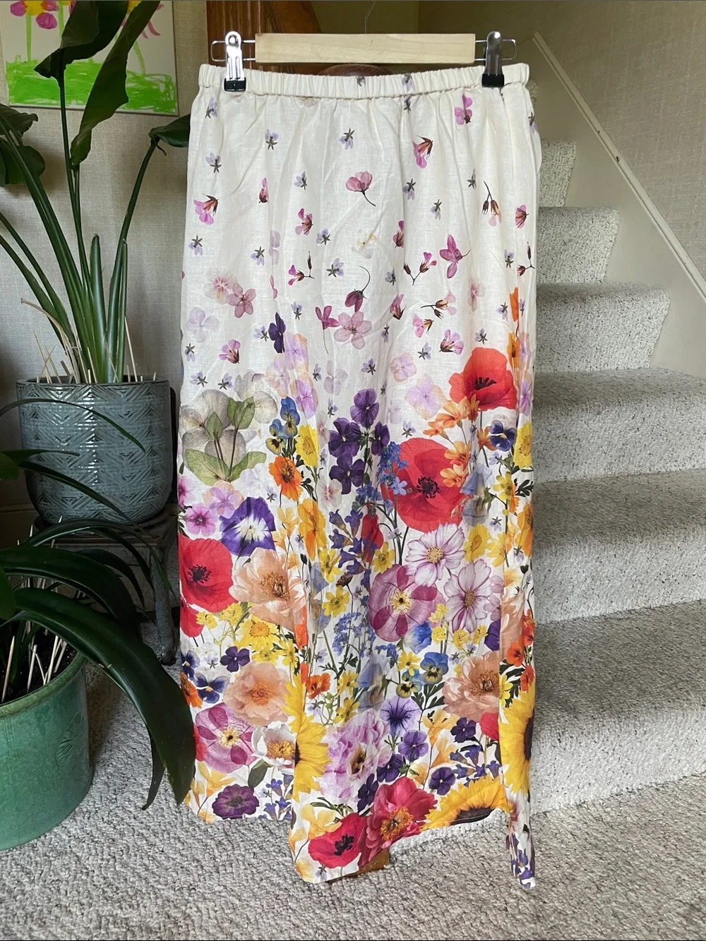 H&M Floral Linen Maxi Skirt in Cream with Multicolor Bloom Print